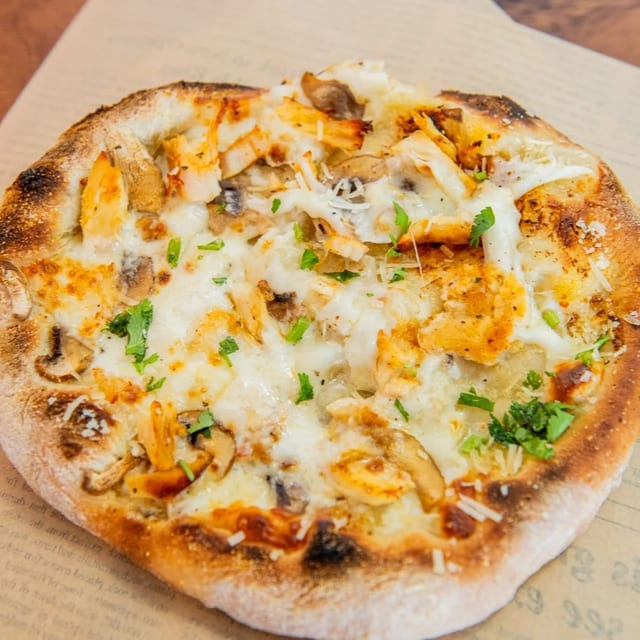 Chicken Mushroom Alfredo Pizza.