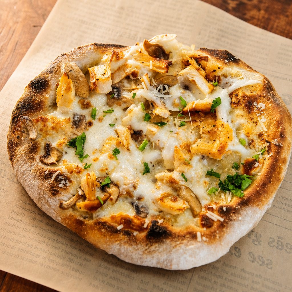 Chicken Mushroom Alfredo Pizza.
