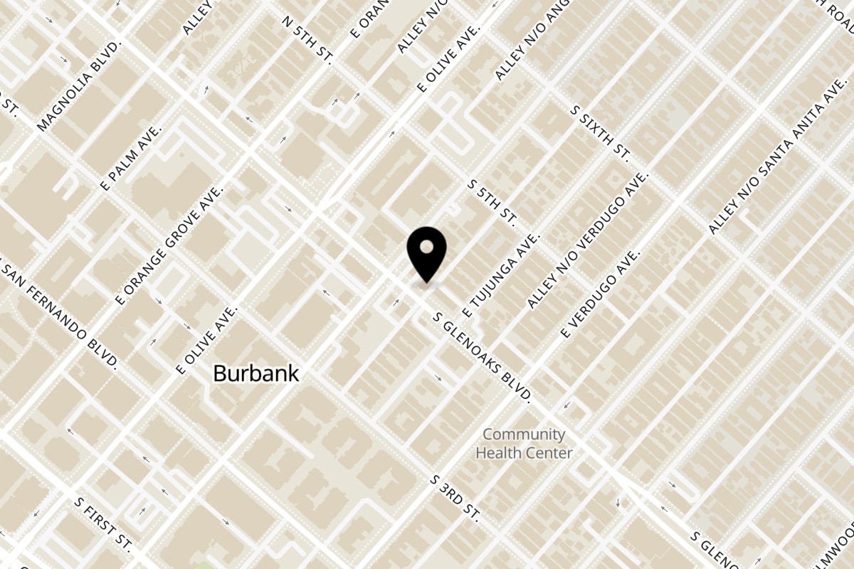 Map showing the location of Baked Pizza and Sandwiches on 222 South Glenoaks Blvd in Burbank